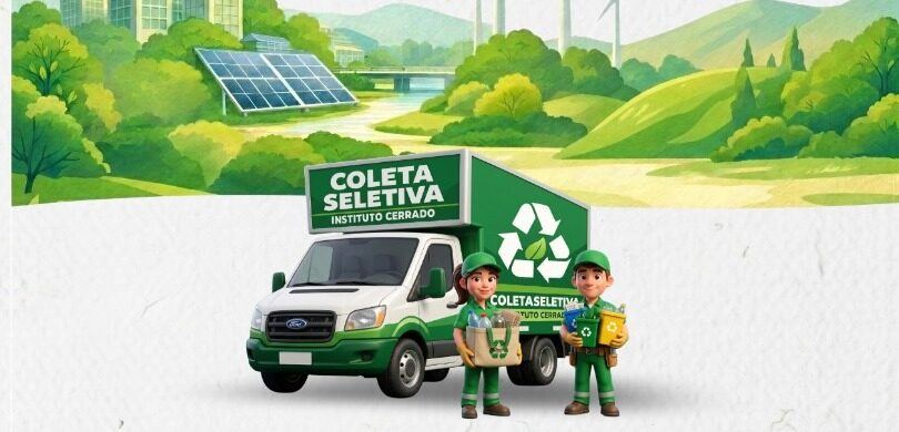 Caminhão de coleta seletiva do Instituto Cerrado com equipe uniformizada, ilustração de cidade sustentável ao fundo